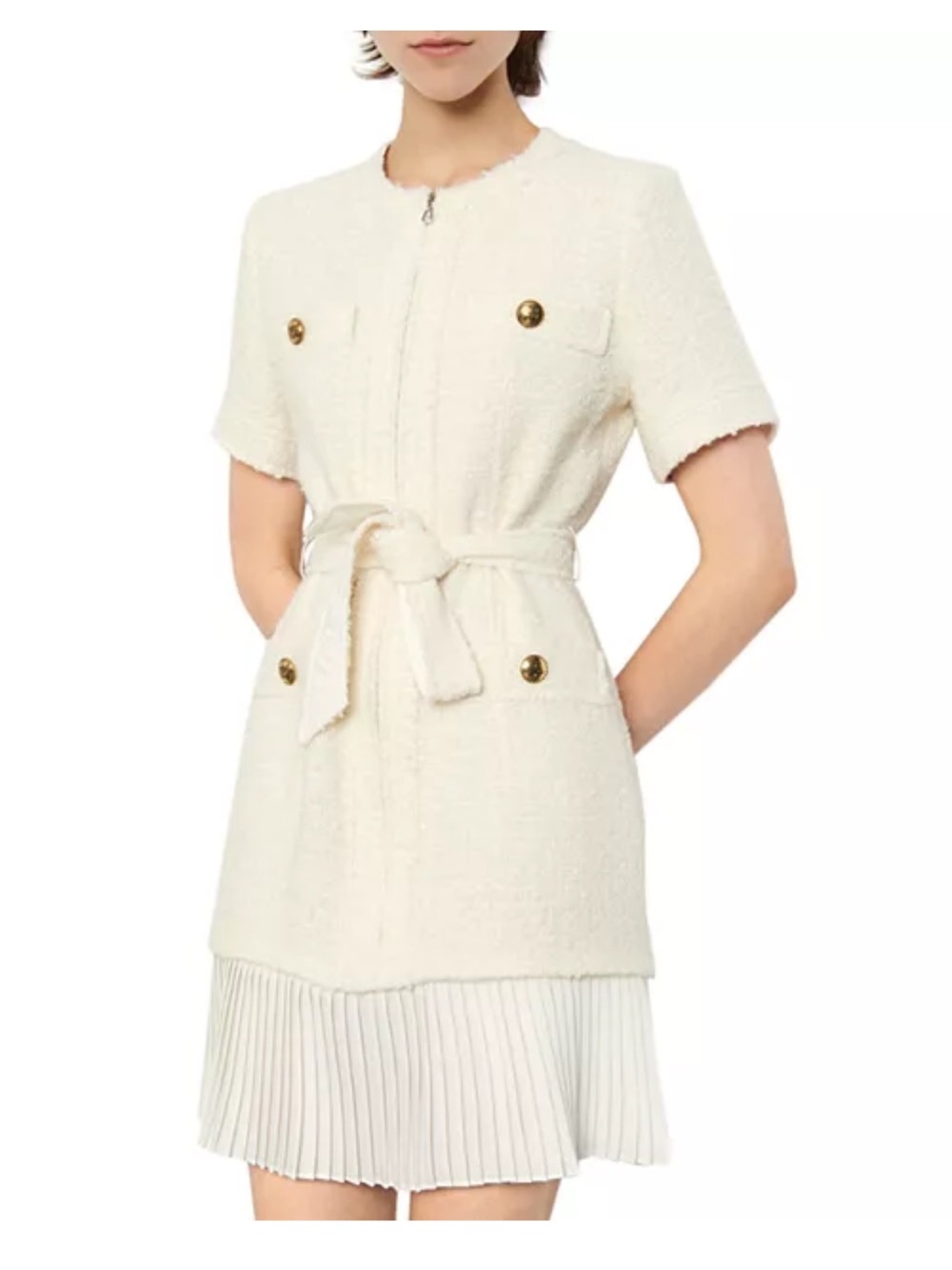 Cream Short-Sleeve Belted Midi Dress made of real fur